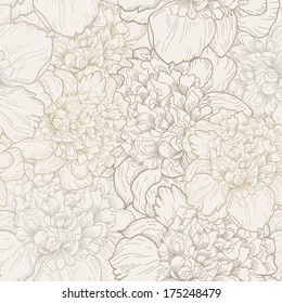 Vector seamless floral pattern with beautiful peony. Delicate background with pastel colors. 