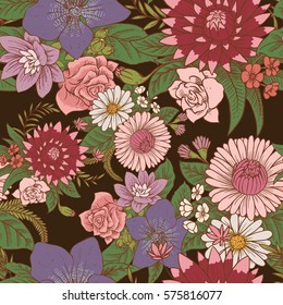 Vector seamless floral pattern with beautiful various flowers of different colors with green leaves on a dark background. Wallpaper, background, wrapping paper. Color image. Vector illustration.
