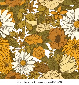 Vector seamless floral pattern with beautiful various flowers with leaves in yellow tones on a white background. Wallpaper, background, wrapping paper. Color image. Vector illustration.