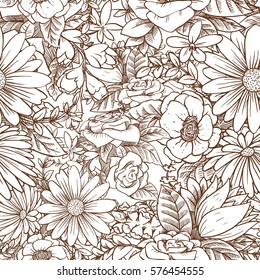 Vector seamless floral pattern with beautiful various flowers with leaves on a white background. Wallpaper, background, wrapping paper. Made in monochrome style. Line art. Vector illustration.