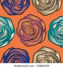 Vector seamless floral pattern with beige, orange and blue roses, watercolor effect.