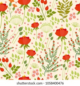 Vector de estampado floral sin fisuras, con bayas, amapolas