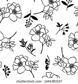 Vector seamless floral pattern of berries, leaves, flowers on a white background.