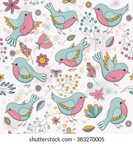 Vector seamless floral pattern with birds. Childish illustration  in cartoon style. Perfect for invitations, wallpapers, manufacture wrapping paper, textile, web design.
