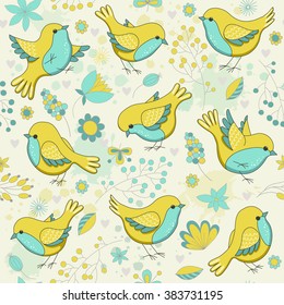 Vector seamless floral pattern with birds. Childish illustration  in cartoon style. Perfect for invitations, wallpapers, manufacture wrapping paper, textile, web design.