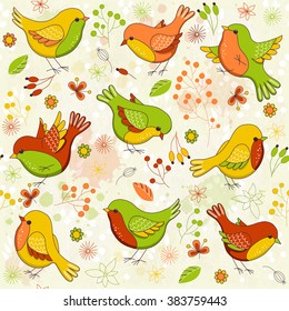 Vector seamless floral pattern with birds. Colorful illustration. Perfect for invitations, wallpapers, manufacture wrapping paper, textile, web design.