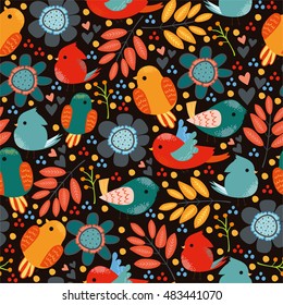 Vector seamless floral pattern with birds. design style doodle. stylish the background