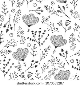 Vector seamless floral pattern. Black and white. Hand drawn doodle outline flowers, leaves. Use for background, paper, fabric, packaging