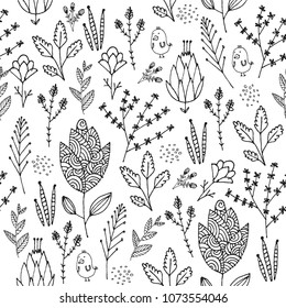 Vector seamless floral pattern. Black and white. Hand drawn doodle outline flowers, leaves. Use for background, paper, fabric, packaging