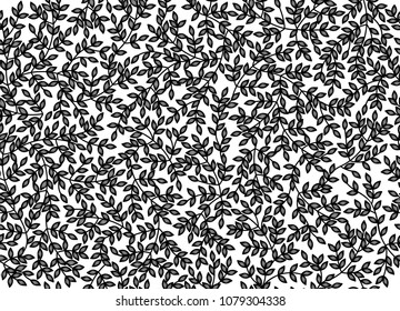 Vector seamless floral pattern,   black  branches with leaves silhouette isolated on white.