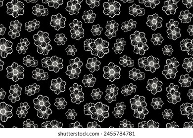 Patrón floral sin costuras de Vector. Adorno botánico blanco y negro con siluetas de flores de contorno simple. Elegante textura de fondo mínima hermosa. Repite el diseño monocromo oscuro para la decoración, impresión