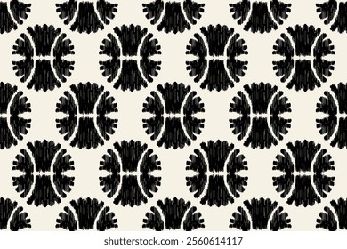 Vector seamless floral pattern with black leaf silhouettes. Ikat embroidery on the fabric. Geometric ethnic oriental seamless pattern.Aztec style. Motifs African boho Floral. 