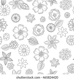 Vector seamless floral pattern in black and white for wrapping paper, textile, coloring book etc.