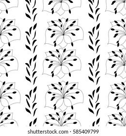 Vector seamless floral pattern. Black and white vertical pattern, hand-painted ornament