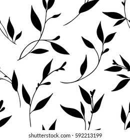 Vector seamless floral pattern, black silhouettes of twigs and leaves.