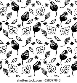 Vector seamless floral pattern. Black and white hand drawn branch pattern for paper, textile, handmade decoration, polygraphy, t-shirt, game, cards, web design