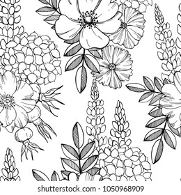 Vector seamless floral pattern. Black-and-white drawing  of flowers.