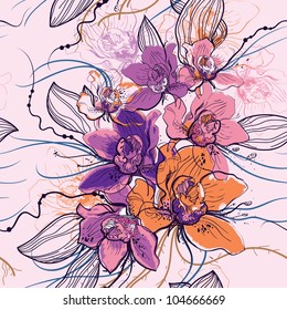 vector seamless floral  pattern with blooming orchids