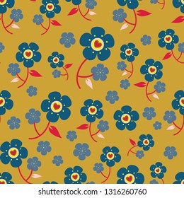 Vector of seamless floral pattern with blue cherry blossom on a gold looks background. Design for textile, fabric, decoration, wallpaper, wrapping, scrapbook, and packaging or background illustration.