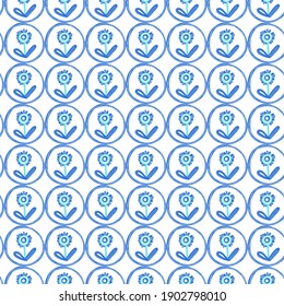 Vector seamless floral pattern in blue colors. Flat Scandinavian pattern for cover, web, app, textile, stationery, wrapping paper. Simple hand drawn ornament. Spring floral pattern with plants and flowers.