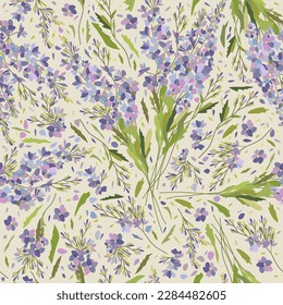 Vector seamless floral pattern with blue flowers and green leaves on light beige background. Delphinium. Soft pastel ornament.