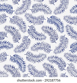 Vector seamless floral pattern from blue palm leaf silhouette with watercolor painted texture on a light grey background