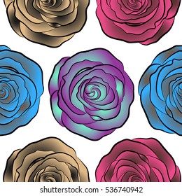 Vector seamless floral pattern with blue, brown and purple roses, watercolor effect.