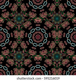 Vector seamless floral pattern in blue, pink and green colors for design, textile or fabric. Vector illustration.