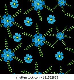 Vector seamless floral pattern with blue flower on black background. Fancy flower background for printing on fabric, paper for scrapbook, gift wrap and wallpapers.