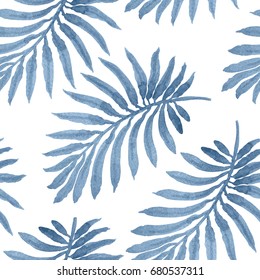 Vector Seamless Floral Pattern From Blue Palm Leaf Silhouette With Watercolor Painted Texture On A Light Grey Background. Shabby Chic Wallpaper, Wrapping Paper, Tropical Textile Print