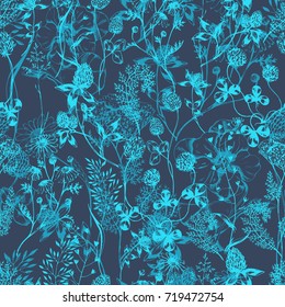 Vector seamless floral pattern with blue  aroma and medical green herbs . Ink drawn botanical illustration for fabric, wrapping, prints and other design. Background with wild meadow herbs