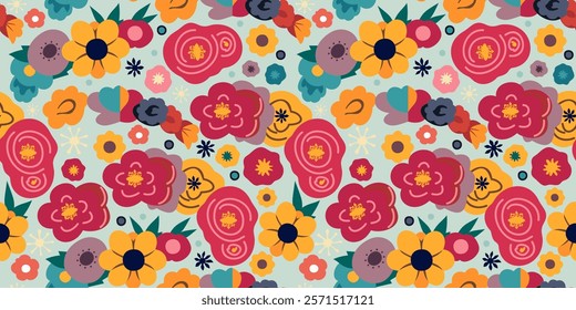 Vector seamless floral pattern in boho style. Bright decorative flowers on light blue background.