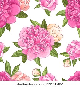 Vector seamless floral pattern with bouquets of pink and white peony flowers on white background