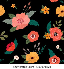 Vector seamless floral pattern with bouquets of roses and poppies. Vintage background for wallpaper, fabric, digital paper.
