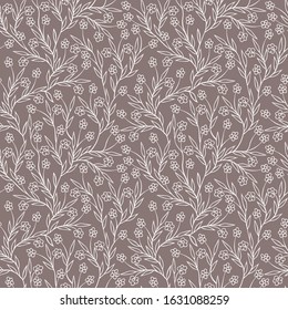 Vector seamless floral pattern with branching flower stems on an ashen gray background. freehand outline drawing for web background, textile, paper, doodle style, monochrome, fashionable tint.