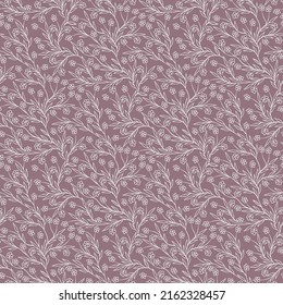Vector seamless floral pattern with branching flower stems on an ashen gray background, freehand outline drawing, for web background, textile, paper, doodle style, monochrome, fashionable tint.