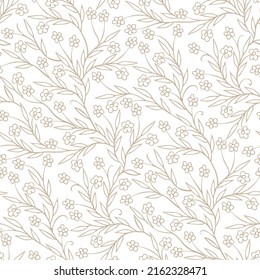 Vector seamless floral pattern with branching flower stems isolated on white background, seamless, hand-drawn, for web background, fabric, paper, doodle style, two-tone.