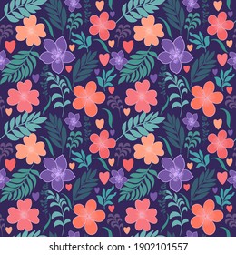 Patrón floral sin fisuras vectorial. Patrón luminoso con flores y ramas. Fondo de fondo para papel, papel, tarjetas de felicitación, invitaciones y pañuelos.