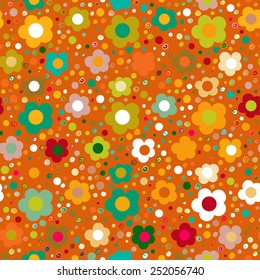 Vector seamless floral pattern in bright multiple colors. Colorful background with flowers and dots in style of child drawing. Positive spring summer texture.