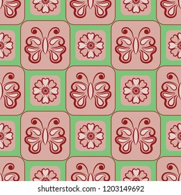 Vector Seamless Floral Pattern With Butterfly Symbol.