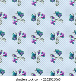 Vector seamless floral pattern with butterfly. Outline hand drawn small violet pink flowers collected in a bouquet on a pink checkered background. For the design of textiles, tablecloths, wallpapers.