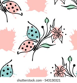 Vector seamless floral pattern with butterfly flowers, leaves, decorative elements, splash, blots, drop. Hand drawn contour lines and strokes. Doodle sketch style, graphic vector drawing illustration.