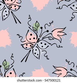 Vector seamless floral pattern with butterfly flowers, leaves, decorative elements, splash, blots, drop Hand drawn contour lines and strokes Doodle sketch style, graphic vector drawing illustration.