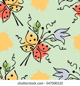 Vector seamless floral pattern with butterfly flowers, leaves, decorative elements, splash, blots, drop Hand drawn contour lines and strokes Doodle sketch style, graphic vector drawing illustration.