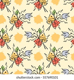 Vector seamless floral pattern with butterfly flowers, leaves, decorative elements, splash, blots, drop Hand drawn contour lines and strokes Doodle sketch style, graphic vector drawing illustration.