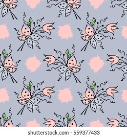 Vector seamless floral pattern with butterfly flowers, leaves, decorative elements, splash, blots, drop Hand drawn contour lines and strokes Doodle sketch style, graphic vector drawing illustration.