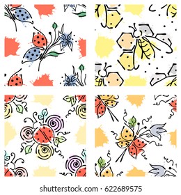 Vector seamless floral pattern with butterfly flowers, leaves, decorative elements, splash, blots, drop Hand drawn contour lines and strokes Doodle sketch style, graphic vector drawing illustration