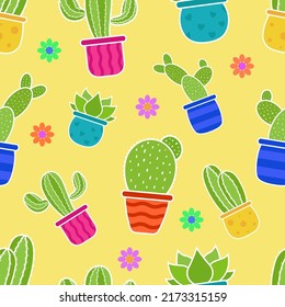 Vector seamless floral pattern cactus with yellow background