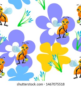 Vector seamless floral pattern with cartoon joyful bee for textile design, kids clothes, wrapping paper.