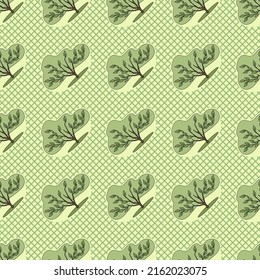 Vector seamless floral pattern. Cartoon tree with green leaves on a yellow checkered background. For textile design, tablecloth, wallpaper, website background.